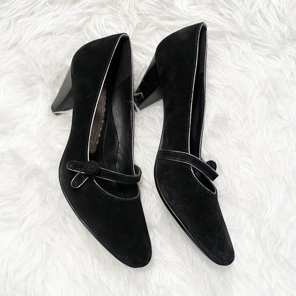 Ecco Black Suede Pointed Toe Mary Jane Heels